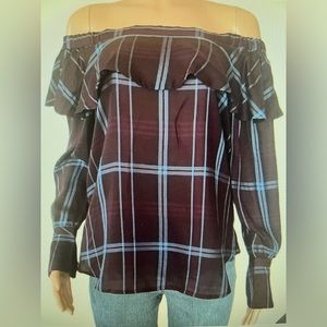 LOFT medium plum plaid ruffle off the shoulder blouse